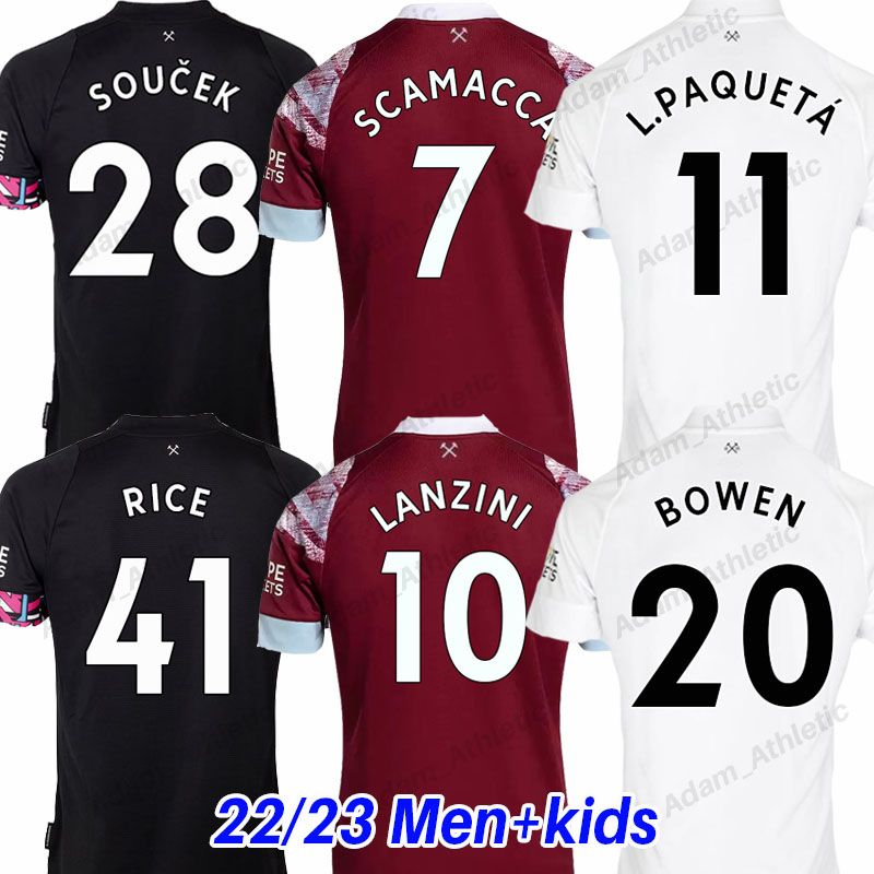 

SCAMACCA L.PAQUETA RICE West HAMs soccer jersey 22 23 CORNET N.AGUERD DOWNES BOWEN SOUCEK NOBLE ANTONIO BENRAHMA football shirts 2022 2023 men kids kit, 22-23 home