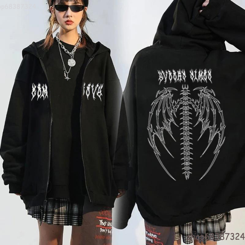 Men's Hoodies Sweatshirts Y2K Streetwear Hoodie Tops Punk Gothic Oversized Skull Wing Evil Flame Unisex Cardigan Zipper Sweatshirt Men Women Jack