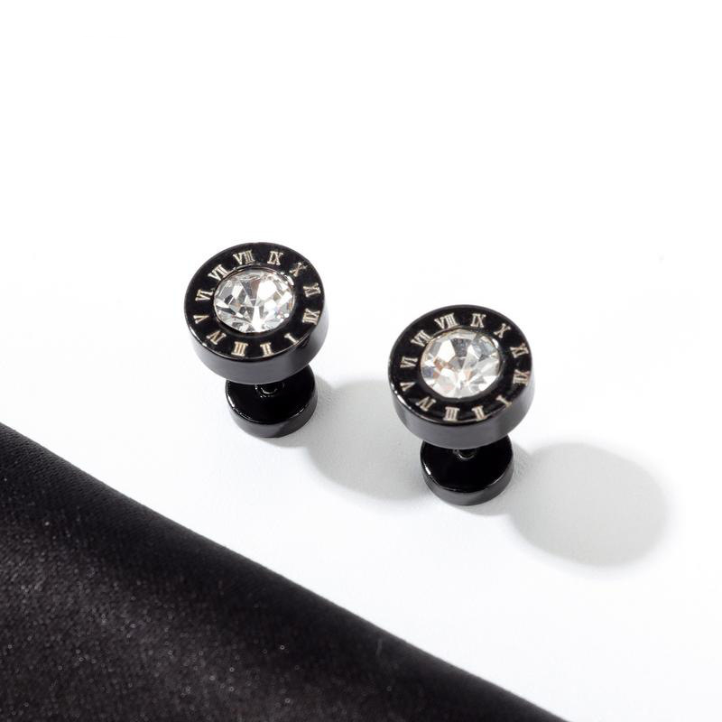 Roman Numerals Studs Earrings for Men Black Titanium Steel Fashion Brand Design Simple Statement Earring Cubic Zirconia Hip Hop Punk Jewelry Never Fad