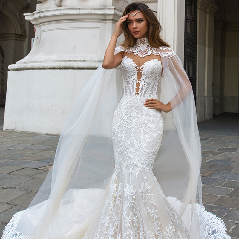 Plus Size Mermaid Wedding Dress Arabic Aso Ebi Sheer Neck sweep train Long Sleeves Sexy Bridal Gowns Dresses