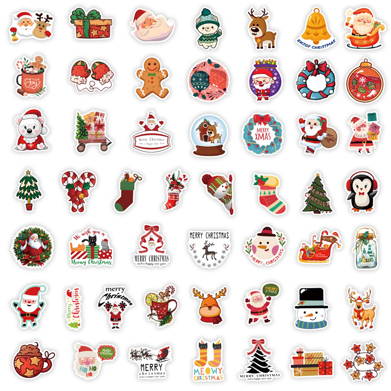 50pcs Happy New Year Merry Christmas Stickers Deer Santa Claus Snowman Children Gift Decal DIY for Skateboard Luggage Suitcase