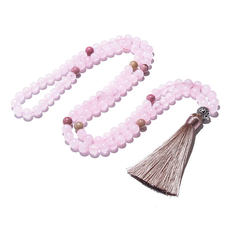 Beaded Necklaces 8mm Natural Rhodolite Rose Quartz Beaded Necklace Set Meditation Yoga Spirit Jewelry 108 Japa Mala Rosary with OM Pendant 220929