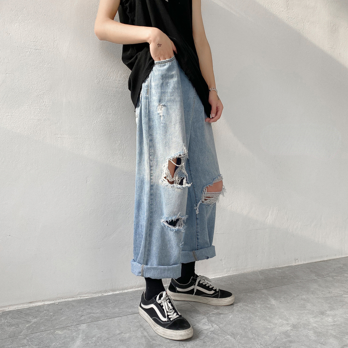 Mens Jeans Men Jeans Wideleg Straight Jeans 3XL Hole Ripped Streetwear Allmatch Denim Trousers Mens Loose Casual Fashion Harajuku 220929wtt