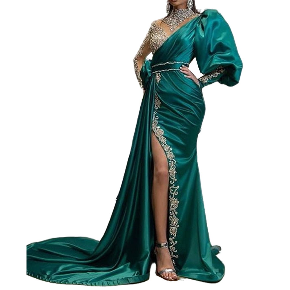 Modern Hunter Satin Mermaid Evening Dresses With Long Sleeves Sexy Side Split Illusion High Collar Formal Party Gowns Glitter Arabic Prom Pageant Outf