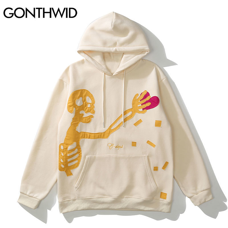 Men's Hoodies Sweatshirts GONTHWID Hip Hop Streetwear Hoodie Sweatshirt Skeleton Patch Fleece Hooded Mens Harajuku Winter Cotton Pullover Brown 2