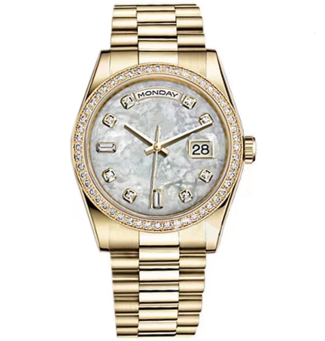 Fashion Classic Weekly Mechanical Watch 2813 Special Movement Automatic Winding Diameter 36mm Sapphire Waterproof Neutral Diamond Watch, Silver
Fashion Classic Weekly Mechanical Watch 2813 Special Movement Automatic Winding Diameter 36mm Sapphire Waterproof Neutral Diamond Watch, Silver