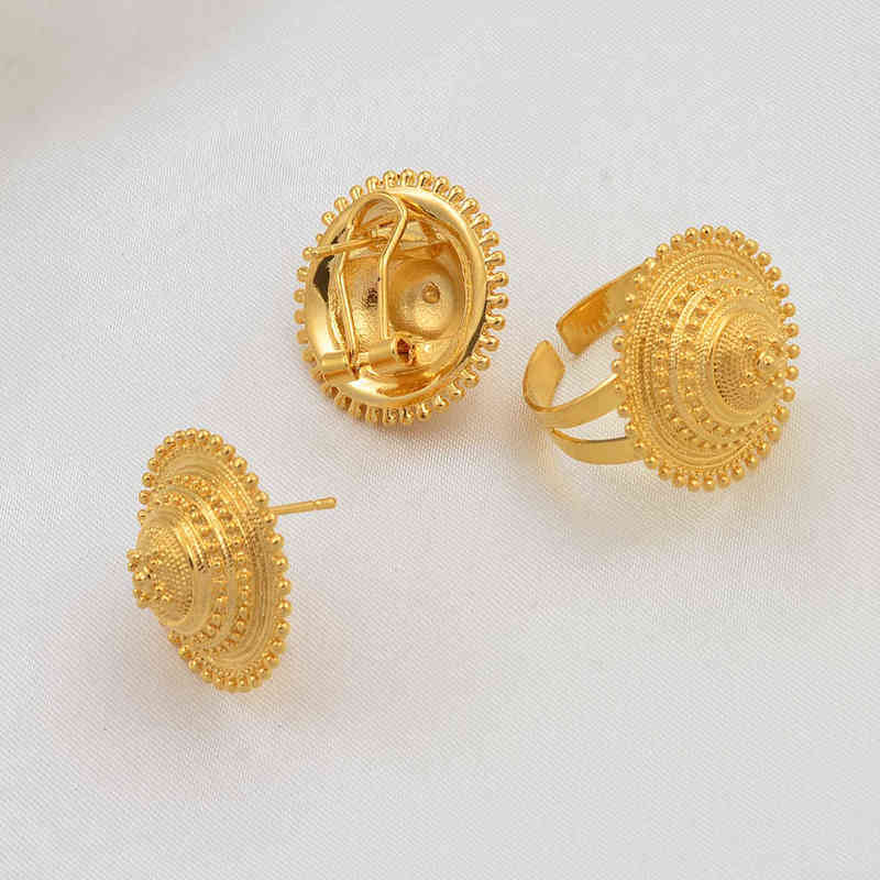 Anniyo DIY Rope Chain Ethiopian Jewelry Set Gold Color Eritrea Ethnic Style Habesha Pendant Earrings Ring #217106 220105