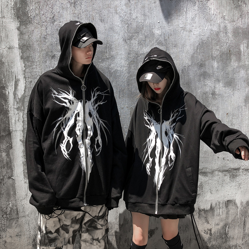Men's Hoodies Sweatshirts Aolamegs Punk Graphic Print Zipper Ribbon Hooded Hoodie Men Casual Black Cool Oversize Coat Fashion Sweatshirt Streetwe