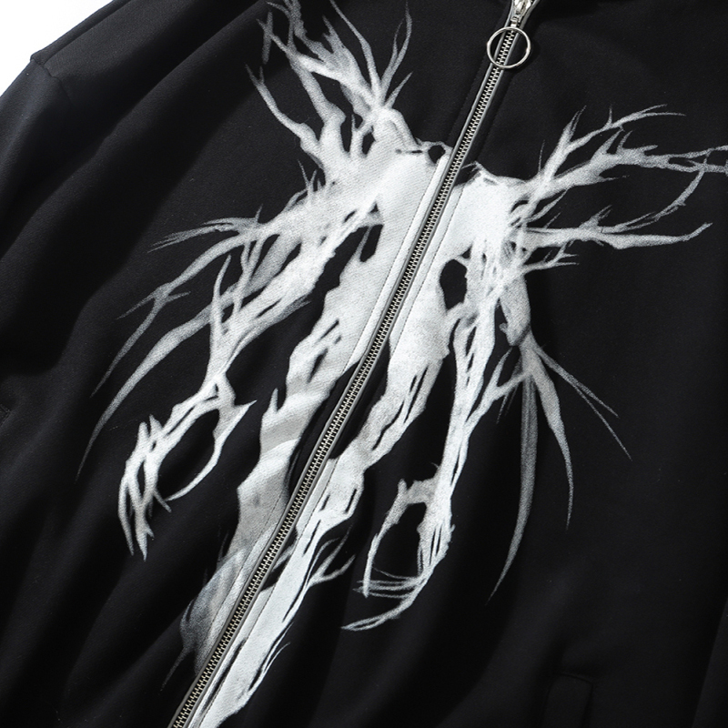 Men's Hoodies Sweatshirts Aolamegs Punk Graphic Print Zipper Ribbon Hooded Hoodie Men Casual Black Cool Oversize Coat Fashion Sweatshirt Streetwe