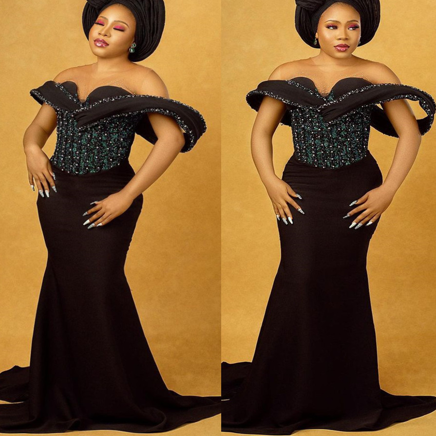 Arabic Aso 2022 Ebi Mermaid Black Prom Dresses Beaded Crystals Evening Formal Party Second Reception Birthday Engagement Gowns Dress ZJ502