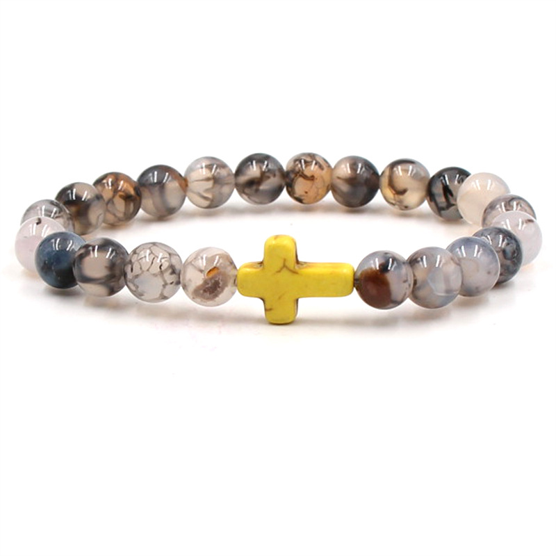 Natural Stone Cross Bracelet Charm Beaded Elastic Bracelets Men Women Christian Jewelry Gifts
