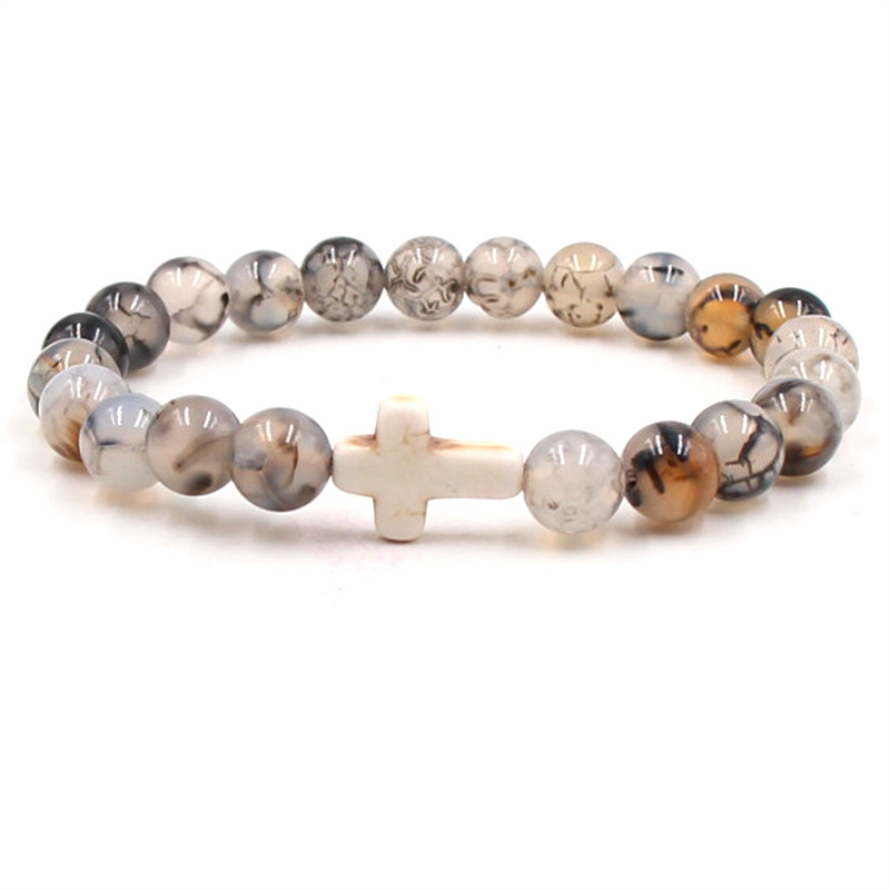 Natural Stone Cross Bracelet Charm Beaded Elastic Bracelets Men Women Christian Jewelry Gifts