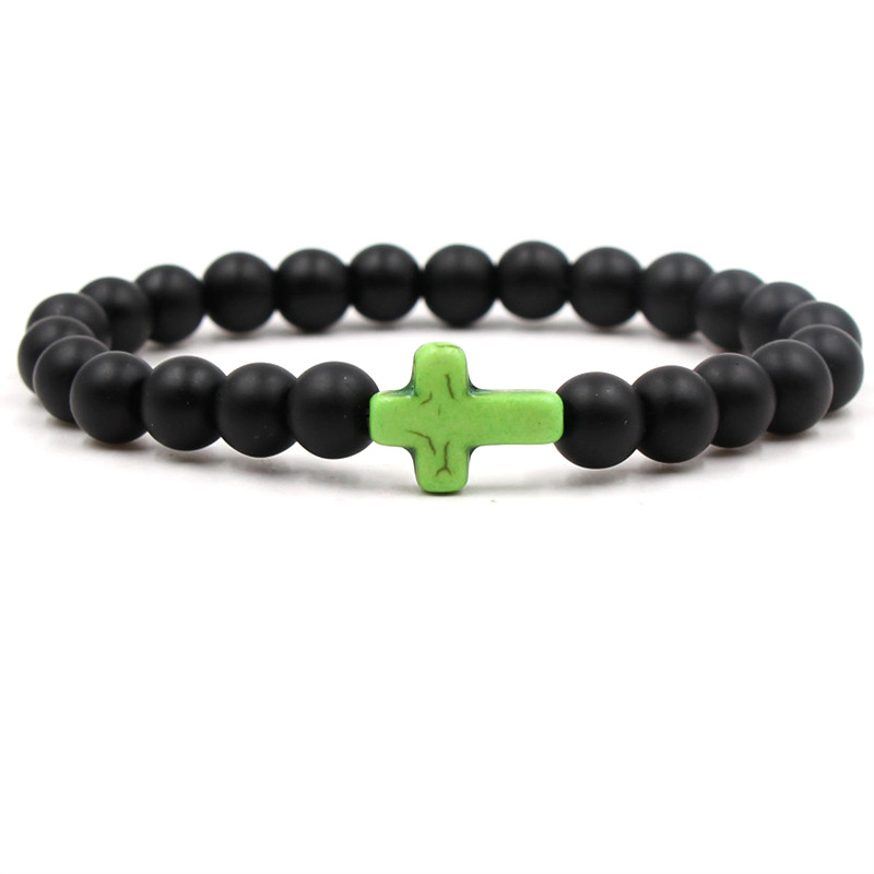 8mm Black Matte Turquoise Beads Bracelet Bangles Cross Charm Blue Beaded Men Bracelets for Women Yoga Jewelry