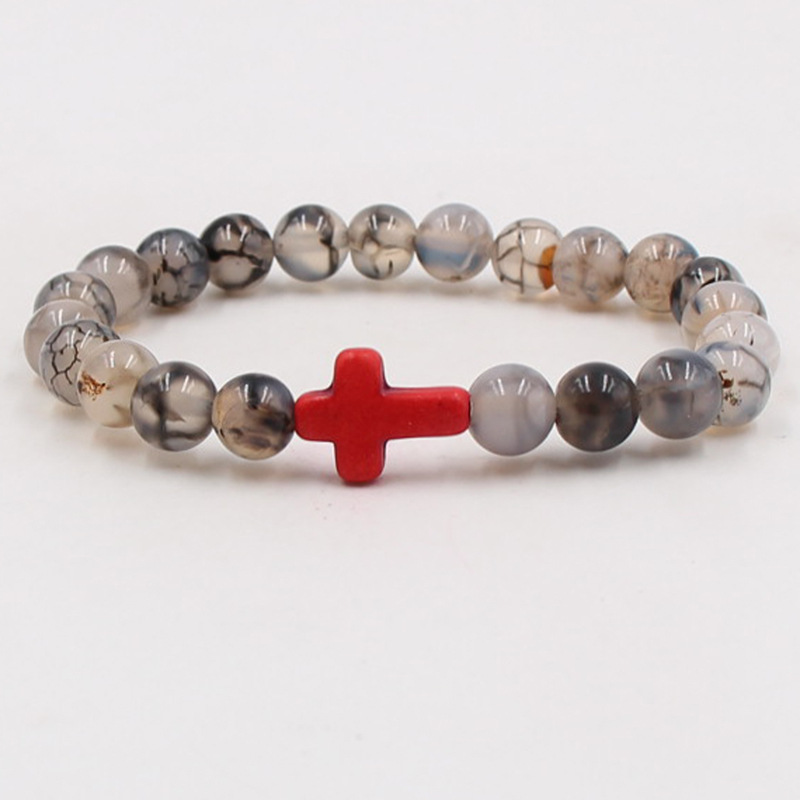 Natural Stone Cross Bracelet Charm Beaded Elastic Bracelets Men Women Christian Jewelry Gifts