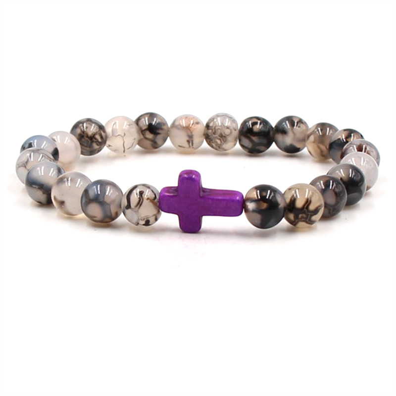 Natural Stone Cross Bracelet Charm Beaded Elastic Bracelets Men Women Christian Jewelry Gifts