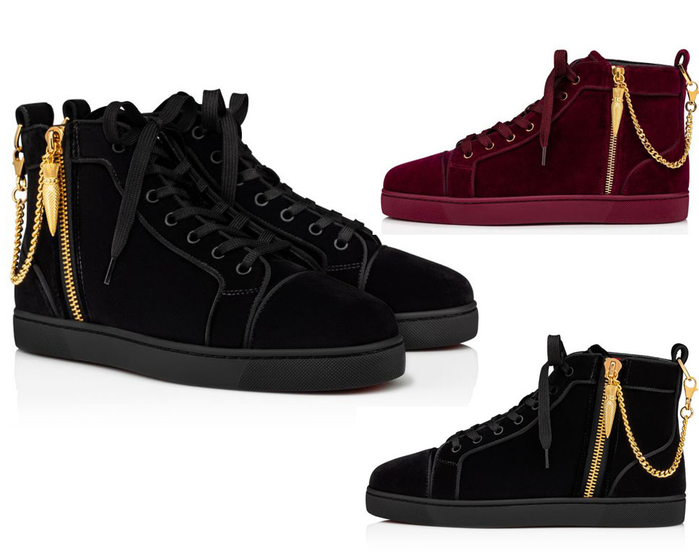 Dress shoes Women Men casual shoe Reds sole sneaker high top velvet suede lace up trainers Louisflat The Lips with gold chain luxury designer sneakers with box, Red-wine 
Dress shoes Women Men casual shoe Reds sole sneaker high top velvet suede lace up trainers Louisflat The Lips with gold chain luxury designer sneakers with box, Red-wine
