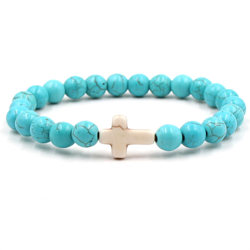 8mm Black Matte Turquoise Beads Bracelet Bangles Cross Charm Blue Beaded Men Bracelets for Women Yoga Jewelry