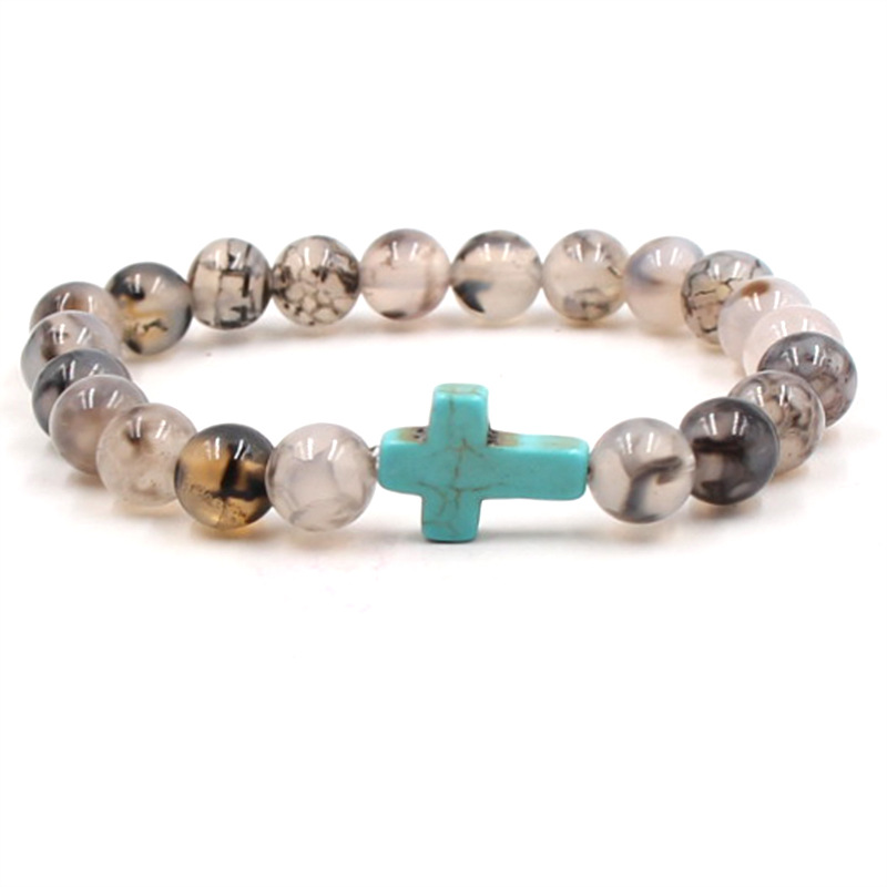 Natural Stone Cross Bracelet Charm Beaded Elastic Bracelets Men Women Christian Jewelry Gifts