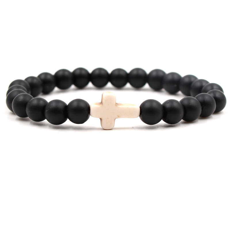 8mm Black Matte Turquoise Beads Bracelet Bangles Cross Charm Blue Beaded Men Bracelets for Women Yoga Jewelry