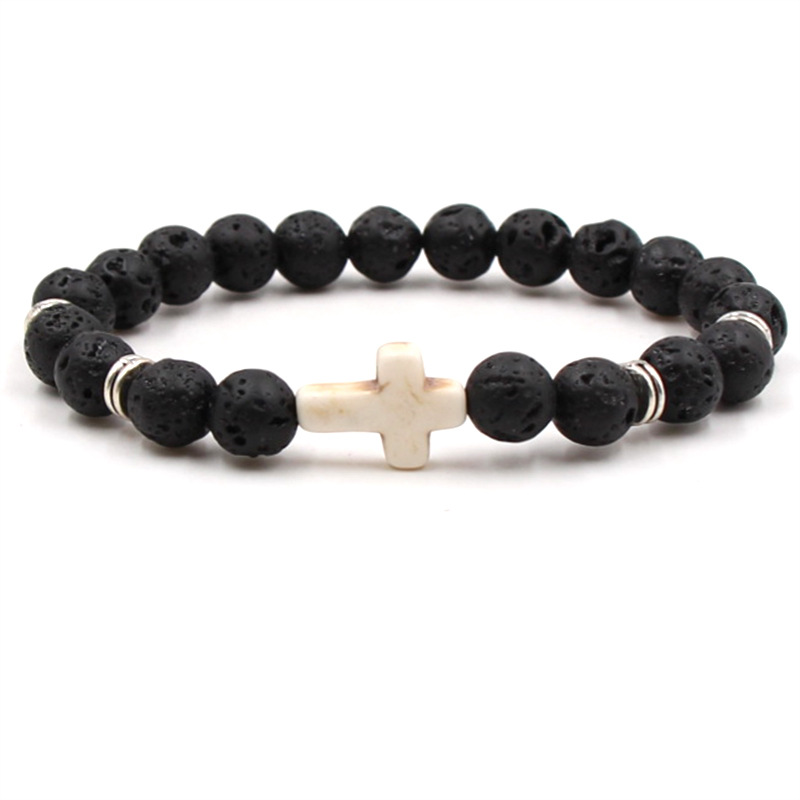 Cross Charm Blue Beaded Men Bracelets 8mm Black Lava Stone Beads Bracelets Bangles for Women Yoga Jewelry