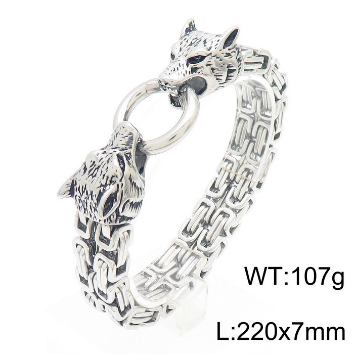 Heavy Biker Wolf Head Clasp Double Byzantine Chain Bracelet Mens Cool Bangle Stainless Steel Jewelry for Father .husband .friends Gifts 7mm 8.66 Inch