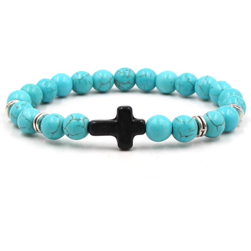 Cross Charm Blue Beaded Men Bracelets 8mm Black Lava Stone Beads Bracelets Bangles for Women Yoga Jewelry