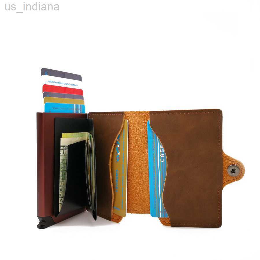 Wallets RFID Business Holder Men Multifunction Automatic Aluminium Alloy Leather Cards Case Mini Wallet Slim Coin Purse L220929
