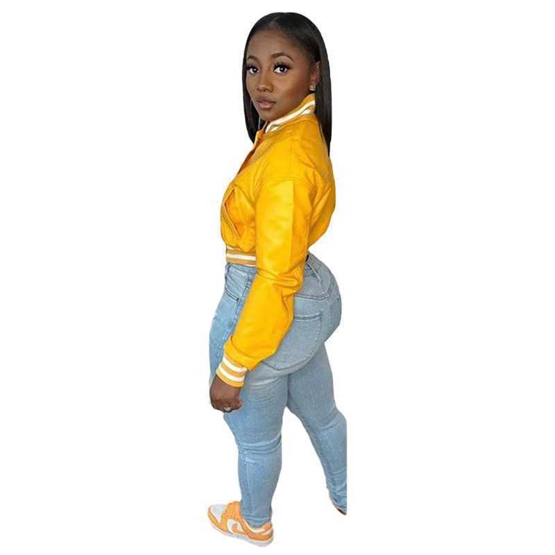 Fall Winter New Women Leather Jackets 2025 Thread Splicing Single Breasted Flocking Baseball Coats Slim Fit Windbreaker Crop Top