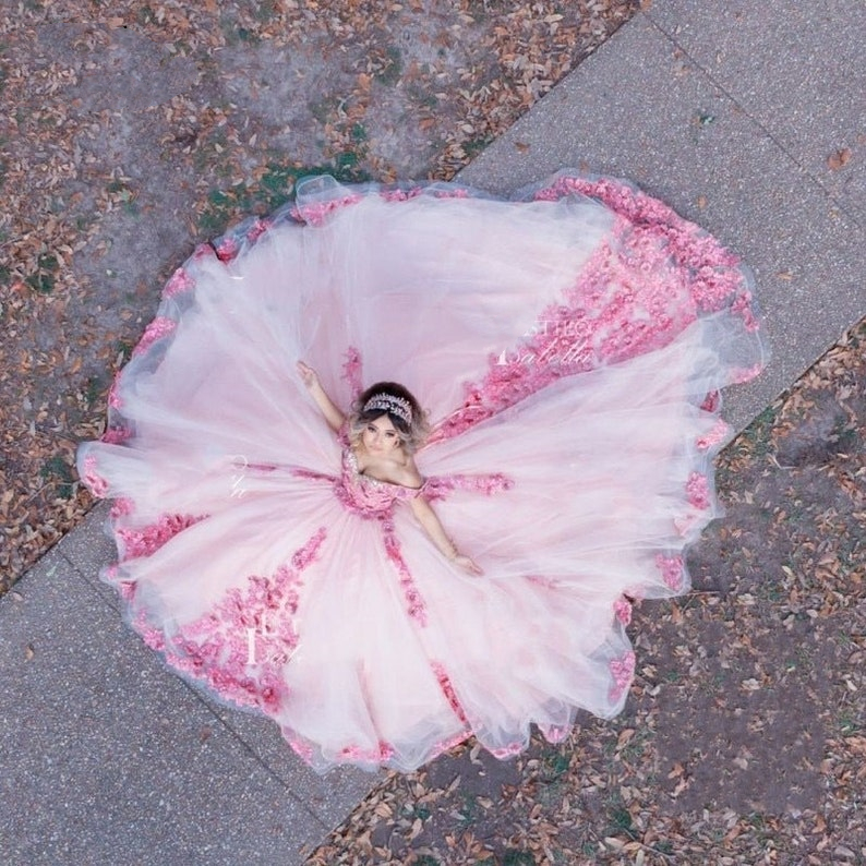 Elegant Floral Quinceanera Dresses Flowers Crystal Pearls Beading Charro Ball Gown Pink Vestido De 15 Anos Off the Shoulder Sweet 16 Prom Gowns Back L