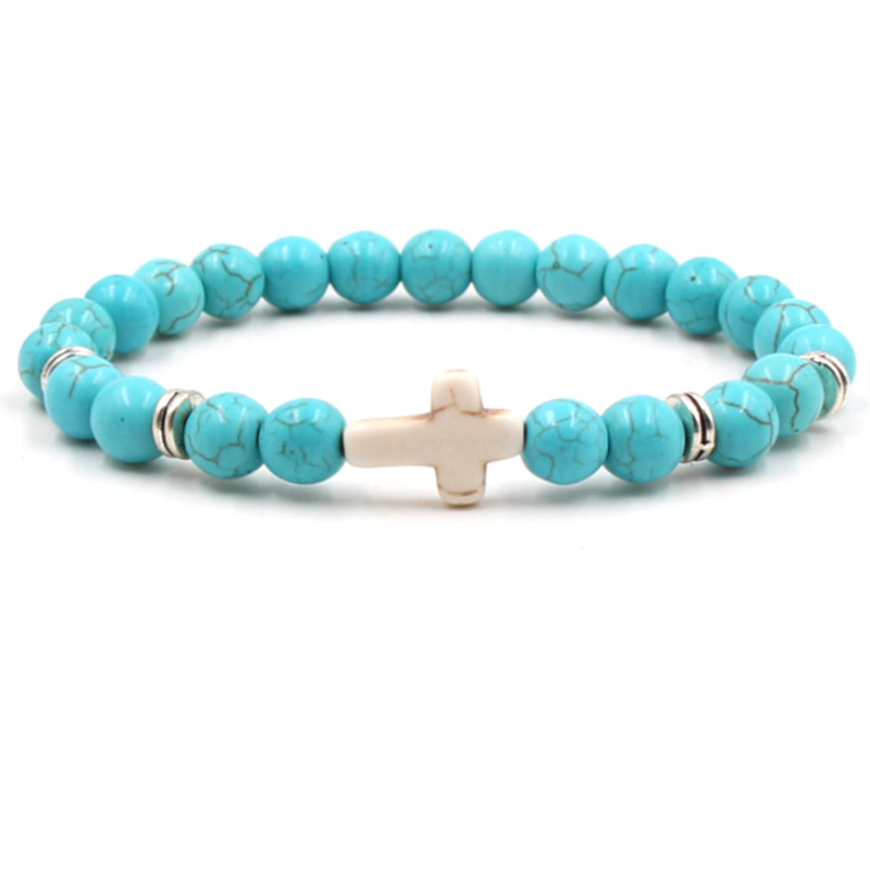 Cross Charm Blue Beaded Men Bracelets 8mm Black Lava Stone Beads Bracelets Bangles for Women Yoga Jewelry