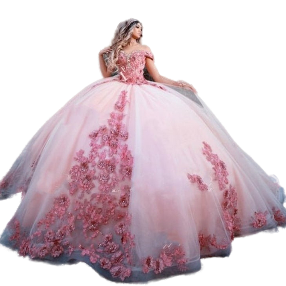 Elegant Floral Quinceanera Dresses Flowers Crystal Pearls Beading Charro Ball Gown Pink Vestido De 15 Anos Off the Shoulder Sweet 16 Prom Gowns Back L