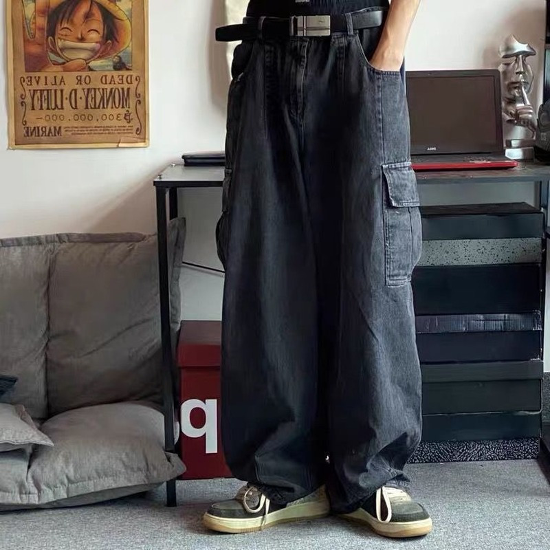 Mens Jeans HOUZHOU Baggy Jeans Trousers Male Denim Pants Black Wide Leg Pants Mens Jeans Oversize Cargo Korean Streetwear Hip Hop Harajuku 220929
