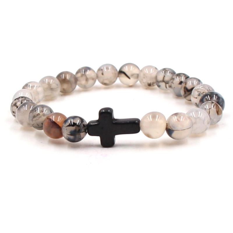 Natural Stone Cross Bracelet Charm Beaded Elastic Bracelets Men Women Christian Jewelry Gifts