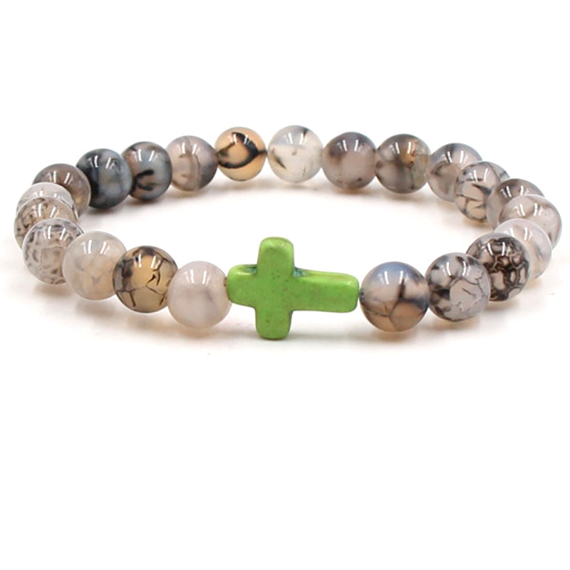 Natural Stone Cross Bracelet Charm Beaded Elastic Bracelets Men Women Christian Jewelry Gifts