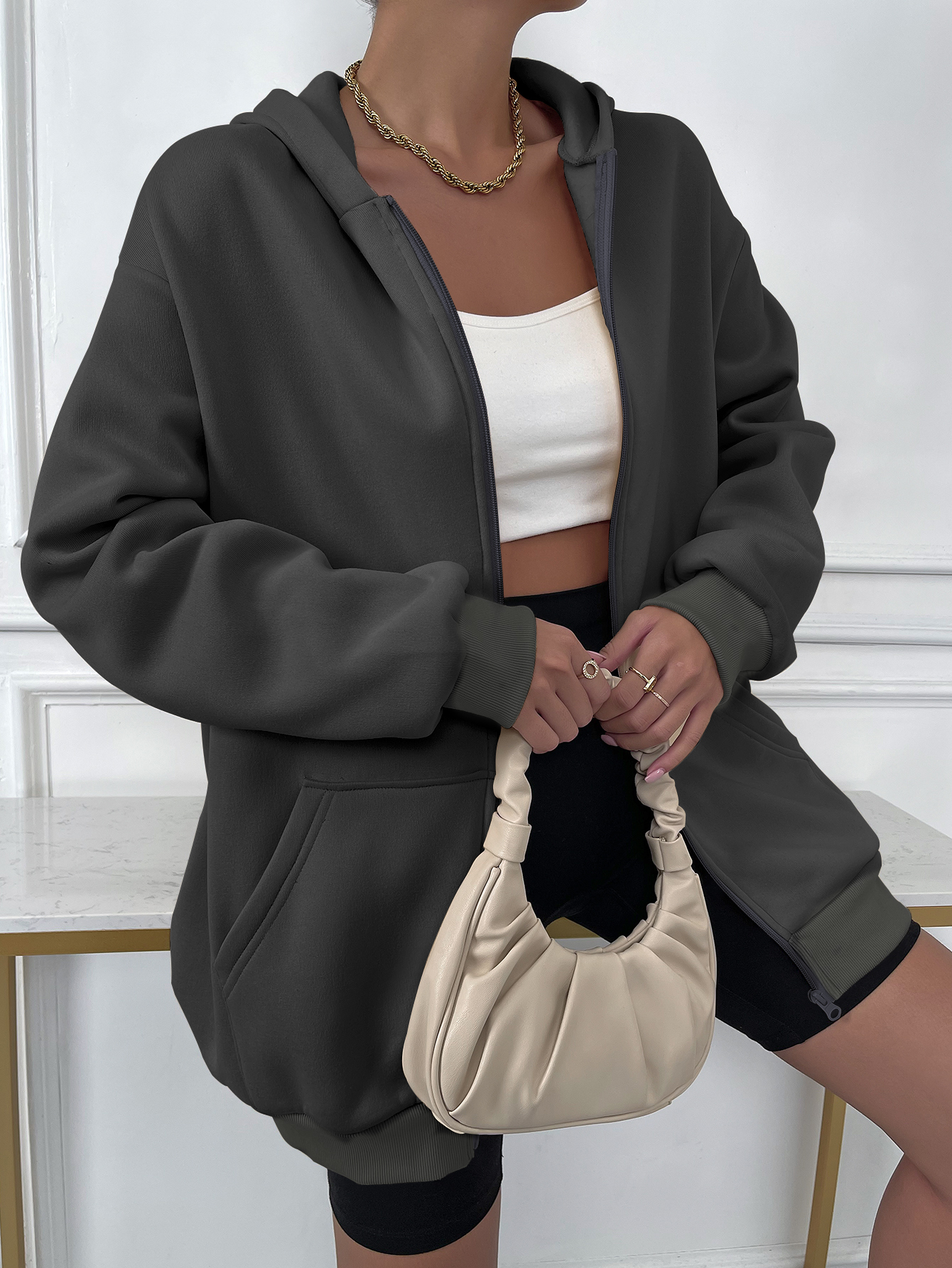 Women's Hoodies Sweatshirts Zip Up Oversize Thermal Y2k Women Clothes Solid Drop Shoulder Lady Casual Plain Fashion Long Sleeve 220930