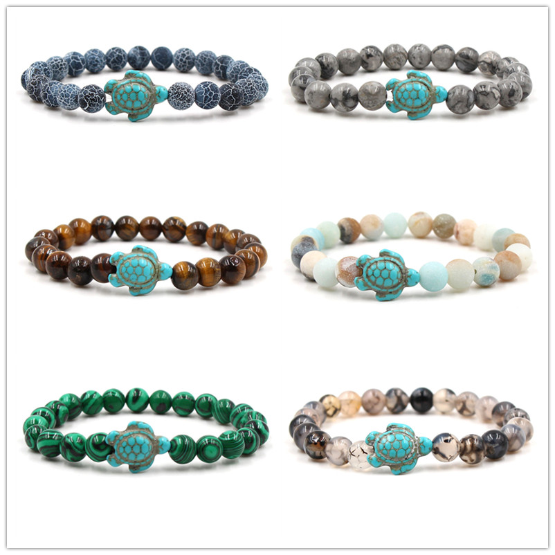 8mm Sea Turtles Beads Bracelet Turquoise Natutal Stone Elastic Stretch Bracelet Women Men Friendship Summer Beach Jewelry Gifts