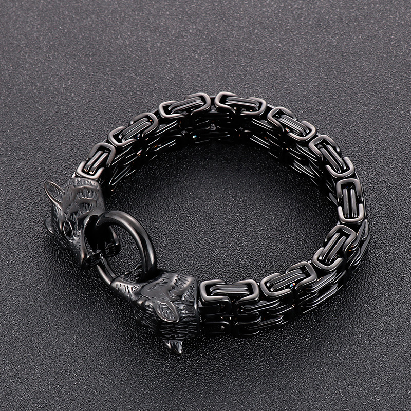 Heavy Biker Wolf Head Clasp Double Byzantine Chain Bracelet Mens Cool Bangle Stainless Steel Jewelry for Father .husband .friends Gifts 7mm 8.66 Inch