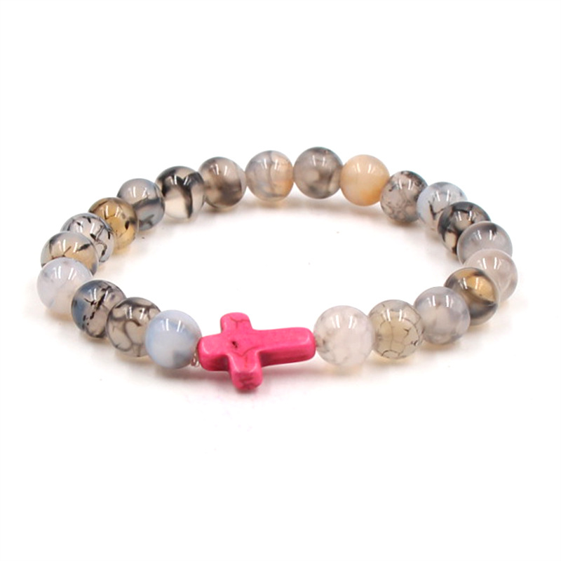 Natural Stone Cross Bracelet Charm Beaded Elastic Bracelets Men Women Christian Jewelry Gifts
