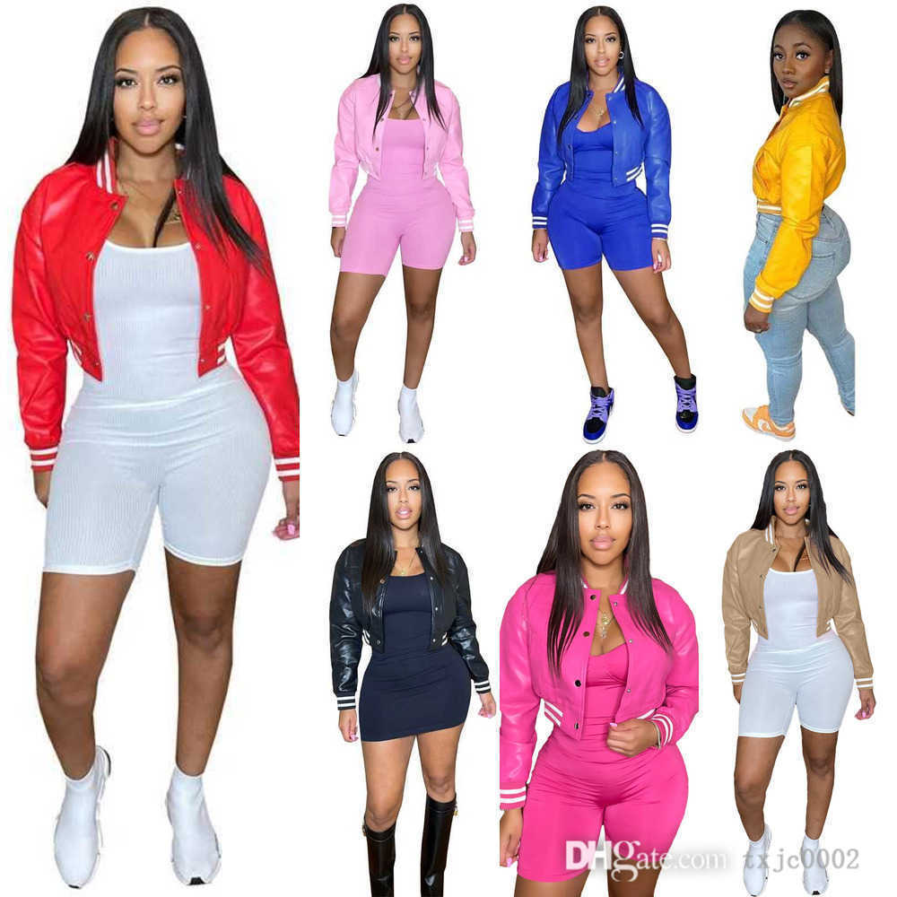 Fall Winter New Women Leather Jackets 2025 Thread Splicing Single Breasted Flocking Baseball Coats Slim Fit Windbreaker Crop Top