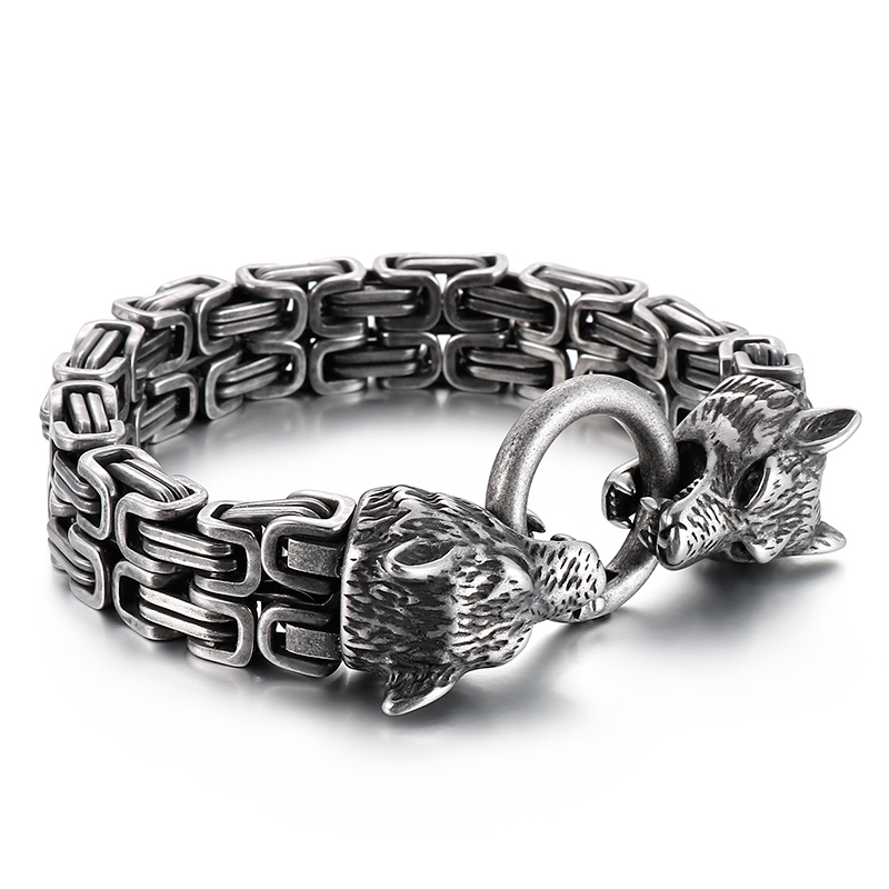 Heavy Biker Wolf Head Clasp Double Byzantine Chain Bracelet Mens Cool Bangle Stainless Steel Jewelry for Father .husband .friends Gifts 7mm 8.66 Inch