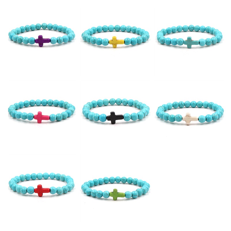 8mm Black Matte Turquoise Beads Bracelet Bangles Cross Charm Blue Beaded Men Bracelets for Women Yoga Jewelry
