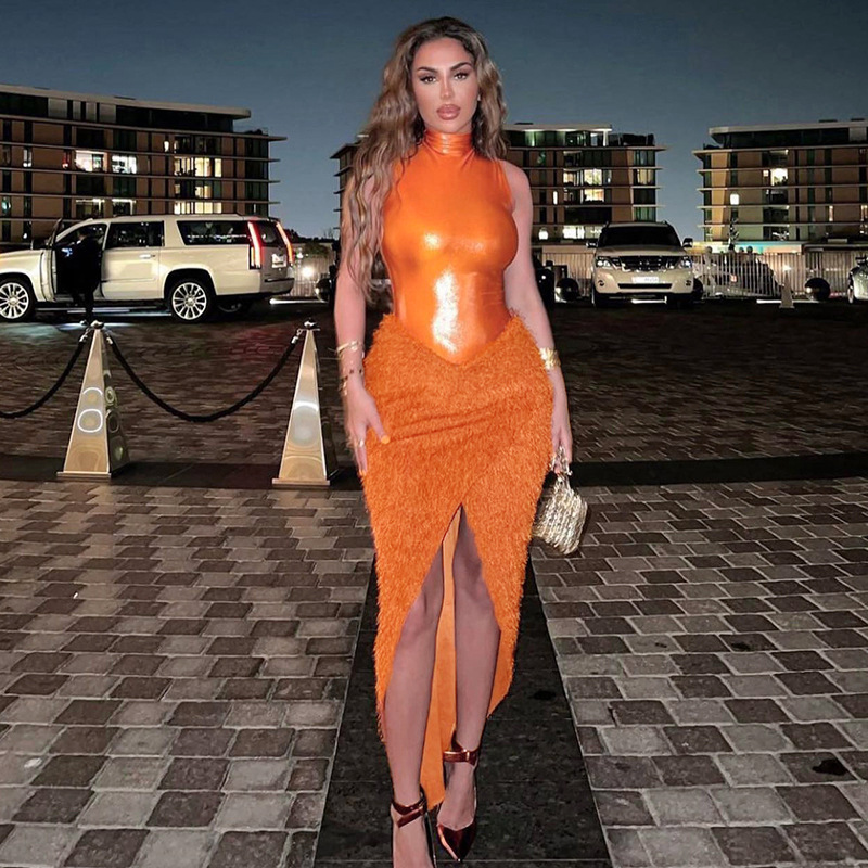 Casual Dresses Fall feather suit skirt sheath onesie MIDI skirt with high slit, Orange
Casual Dresses Fall feather suit skirt sheath onesie MIDI skirt with high slit, Orange