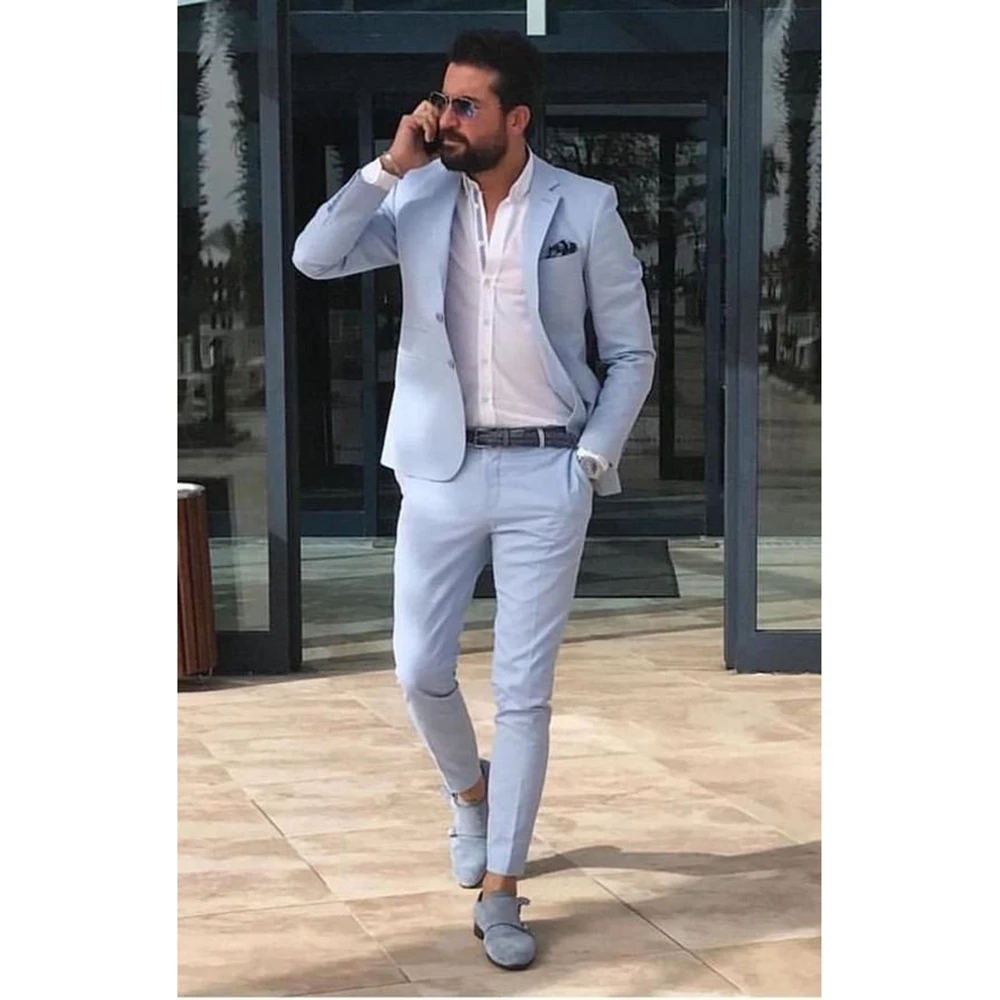 2 Pieces Smart Casual Light Blue Wedding Suit For Men One Button Slim Fit Men Suit Groom Wear Man Blazer Pants