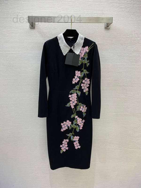 Casual Dresses designer Women's new heavy industry diamond collar flower green leaf embroidery set medium long hip split dress YVM9