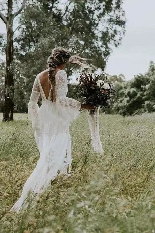 Hippies Lace Boho Wedding Dress Sexy V Neck Puff Sleeve Bohemian Beach Bride Dresses 2022 Backless Chiffon Outdoor Garden Bridal Dress Robe De Mariage