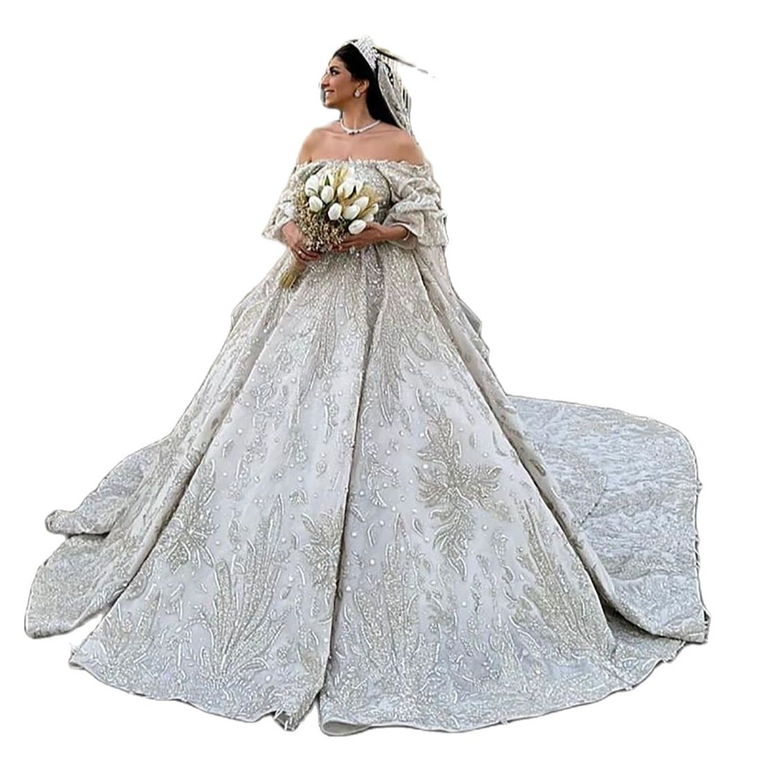 Exquisite Beads Wedding Dresses Ball Gown Luxurious Off The Shoulder Sequins Lace Arabic Crystal Bridal Dress Custom Made
