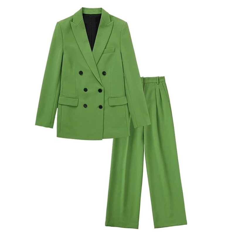 Womens Fashion Double Breasted Slim Fit Solid Color Blazer Retro Leisure Female Chic JacketMid Waist Pants Suit 220811
