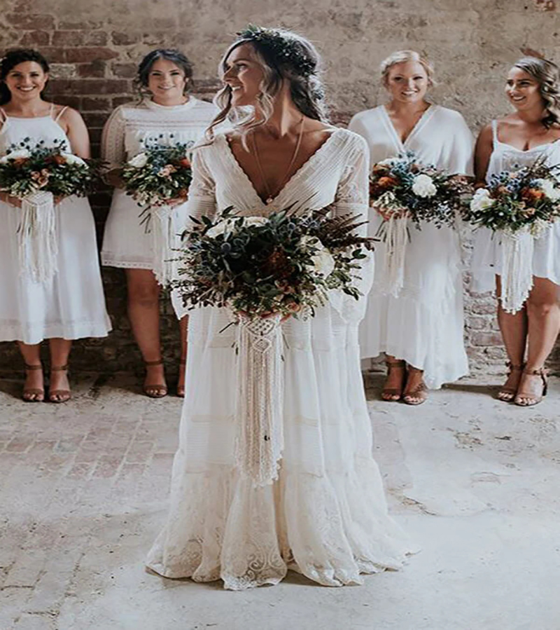 Hippies Lace Boho Wedding Dress Sexy V Neck Puff Sleeve Bohemian Beach Bride Dresses 2022 Backless Chiffon Outdoor Garden Bridal Dress Robe De Mariage