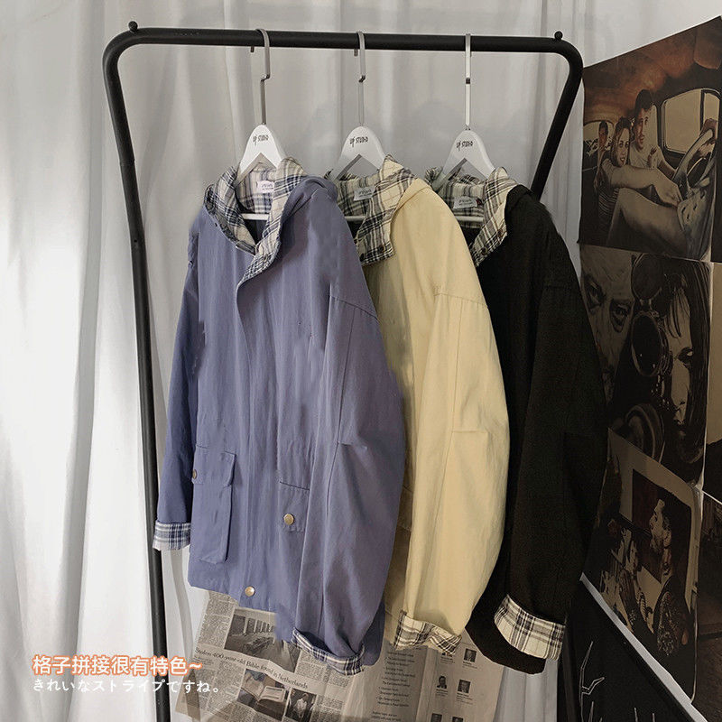 Basic Jackets Women Hooded Harajuku Patchwork Plaid Coats Couple BF High Street Cargo Jacket Female Baggy Allmatch Ins Zipper 220811