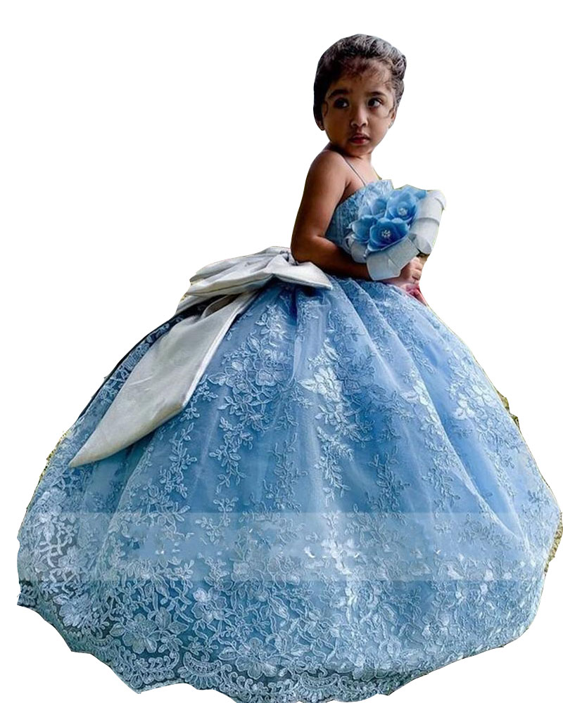 2022 Light Blue Girls Pageant Dresses Lace Appliques With Silver Big Bow Flower Girl Dress Children Long Spaghetti Straps Kids Birthday Gowns Sweep Tr